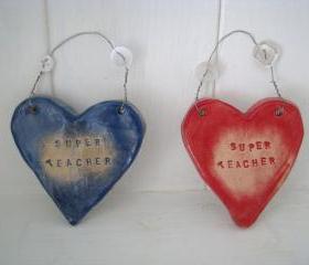 Ceramic 'Super Teacher' Heart. Ideal 'end of term' gift. Handmade in Wales UK. Ready to ship.