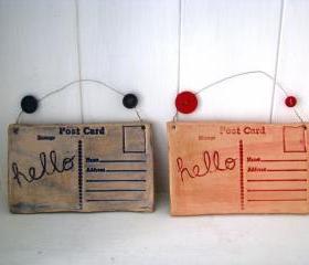 Hello - Ceramic postcard with vintage buttons. Made in Wales, UK. Red ready to Ship.