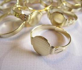 50 Adjustable Ring Blanks - 10mm pad - gold