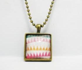 Square Charm Necklace, Colorful Flags, Antiqued Brass Necklaces with Glass Cabochon
