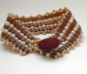 Bead Woven Cuff Bracelet Cube Beads and Pearls Button Clasp