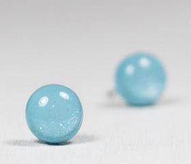  Turquoise Blue Sparkle Stud Earrings - Small Post Stud Earrings - Polymer Clay and Resin Jewelry