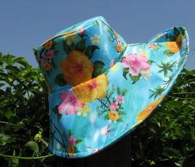 Turquoise Floral Print Wide Brim SunHat Womens