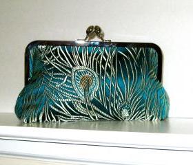 CLUTCH PURSE Peacock Feather Brocade Fabric