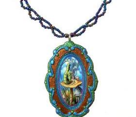 Alice in Wonderland Clay Pendant and Lace Beadwork Necklace