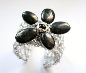 Obsidian Wire Wrapped Flower Bracelet Cuff