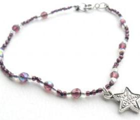 Amethyst silk bracelet, silver sea star charm, hand knotted- Jelly Fish - Gift for her under 15