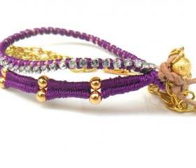 Friendship Bracelets leather skull rhinestone chain Galaxy silk braid stackables - Metallic fashion set of two spring 2012 for her under 35