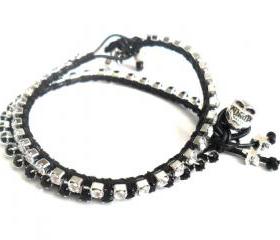 Friendship bracelet leather black rhinestone chain silk woven stackables Trendy fashion Black silver skull spring 2012 for her under 20