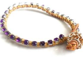 Purple rhinestone friendship bracelet, crystal chain, silk woven, stackables Trendy fashion Butternut Galaxy spring 2012 for her under 20