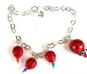 Lady bug charm Bracelet Sterling Silver chain, ladybug Glass bump beads. Me and MyLadies. Mother's Day gift for her under 15 Spring 2012