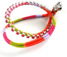 Double strand Friendship Bracelet red rhinestone chain cotton woven boho chic fashion neon spring 2012 trendy under 30