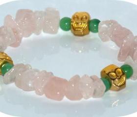 Bracelet Rose quartz Kelly green Jade happy gold skulls bracelet. Elastic bracelet Day of the dead gift Under 10 for her
