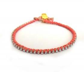 Leather Bracelet skull rhinestone crystal chain silk braid stackables - Metallic fashion coral reef spring 2012 for her under 20