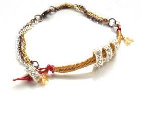 Silk braided bracelet, mix metal chain, red leather, rhinestone crystal, Metallic trendy Mother's day gift for her under 25