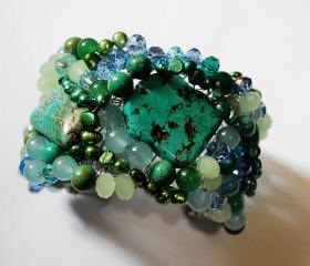  Beaded cuff bracelet made with Tuquoise gemstones, fresh water pearls and crystals