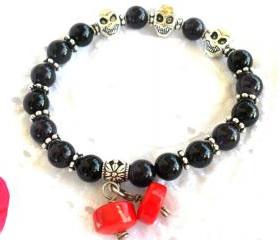 Skull Bracelet Amethyst, Onyx, Coral, Silver. Day of the dead Gothic bracelet. Fashion Gift for Her Under 15