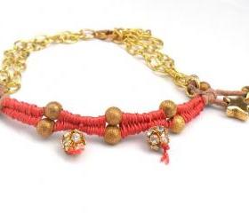 Bracelet gold plated chain leather gold rhinestone beads -shabby chic disco- Metallic fashion coral reef fashion for her under 25