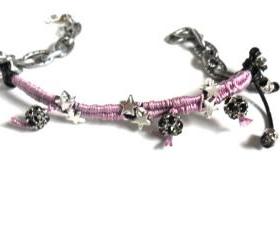 Friendship bracelet silk braid gunmetal chain leather silver rhinestone beads punk rock Metallic fashion trendy gift for her under 20