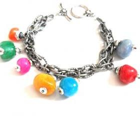Bracelet gunmetal double textured chain multicolored chunky beads -Bubbles- Metallic high fashion bracelet valentine's gift for her under 30