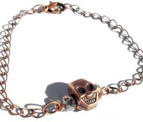 Skull Bracelet copper chain smoky faceted crystals copper skull. fashion bracelet valentine's gift for her under 10