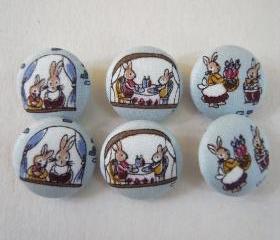 6 large blue rabbit Fabric covered Handmade buttons 22mm woodland bunnies