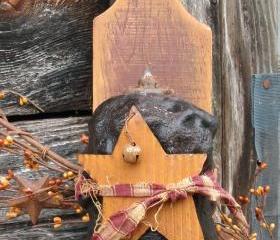 Extra Large Prim Cinnamon Orange Spice Scented Candle - Flickering LED Tea Light - Black with Burgundy Homespun, Rusty Star and Jingle Bell