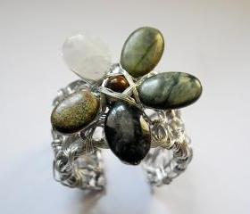 Obsidian, Quartz, Jasper Wire Wrapped Flower Bracelet Cuff
