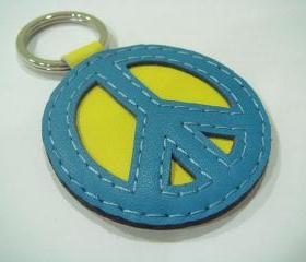 Peace Symbol leather keychain ( Blue / Yellow )