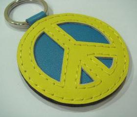 Peace Symbol leather keychain ( Yellow / Blue )