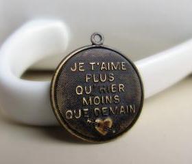 1 Solid Brass French Pendant, Hand Antiqued