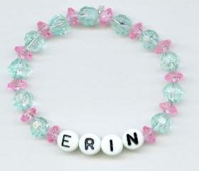 SALE Mint Green and Pink Personalized Beaded Name Bracelet 