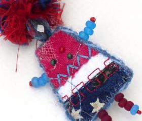 Fiber Art Brooch, Mixed Media Pin Patriotic Girlfriend