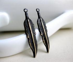 2 Black Patina Feather Charms, Feather Pendants