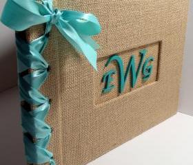 Wedding Guestbook/Album w/Monogram- Burlap w/Aqua Ribbon (custom colors available)