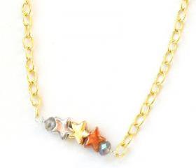 Simple everyday necklace, silver, copper, gold stars, smoky crystal beads, gold plated chain. Gift for her under 15