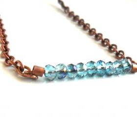 Tiny blue horizon faceted crystal beads bar necklace, copper chain, delicate jewelry for everyday, mother's day gift Under 25