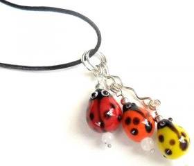 Ladybug pendant necklace, black leather, moonstone Glass bump beads - Me and MyLadies - Mother's Day gift for her under 15