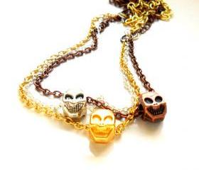 Multiple chain Necklace earring set trio dainty chain happy skull beads Fashion punk metallic Spring trend. For Her. Gift Under 25