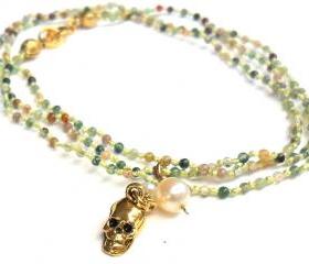 Necklace Multicolored Agate beads hand-knotted pure silk gold tiny skull charm white pearl tiny agate beads spring fashion