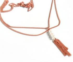 Moonstone, dainty necklace double chain pure copper tassel, High Fashion, shabby chic metallic, Gift for her under 30