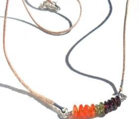 Multigemstone bar necklace, carnelian, peridot, garnet leather Necklace, Mother's day gift for her under 20, summer trends, minimalist