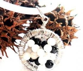 Onyx moonstone pendant, sterling silver wire wrapped, Yin & Yang, 