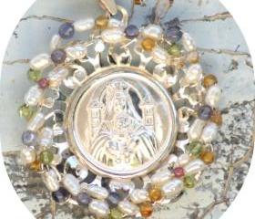 Pendant Medallion Sterling Silver Pearls multi stones blue quartz, citrine, peridot, amethyst Our Lady Catholic gift for her under 80