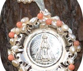Pendant / Medallion Sterling Silver Coral Pearls. Sterling silver Lady of the Valley Catholic Communion gift for her under 60