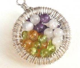 Moonstone, Amethyst, Peridot, Citrine, Sterling Silver wire wrapped Pendant, multi gemstone Necklace, Fertility, Mother's day, gift for her
