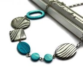 Fashion necklace in turquoise , black and white zebra lake shells beads. Chunky necklace. Ready to ship.