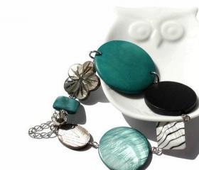 Chunky bracelet in turquoise, teal, gray, black and white with magnetic clasp. Ready to ship.