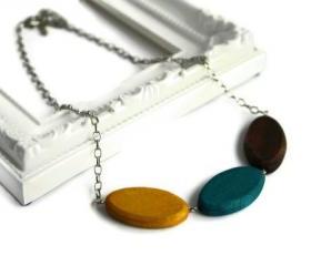 Chunky bead necklace. Trendy necklace with wood beads in brown, teal and yellow.