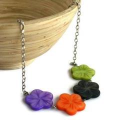 Chunky necklace, Hawaiian flowers in purple, orange, black and green lake shells beads. Ready to ship.